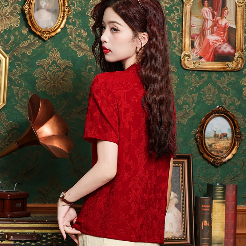 Летняя ретро Cheongsam рубашка с короткими рукавами и женская винтажная вышитая