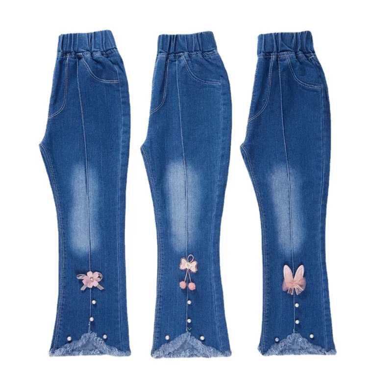 

2022 Spring Autumn New Girls Jeans Big Kids Outfits Baby Girls Denim Flare Pants Eleastic Waist Children's Trousers 3-12Years