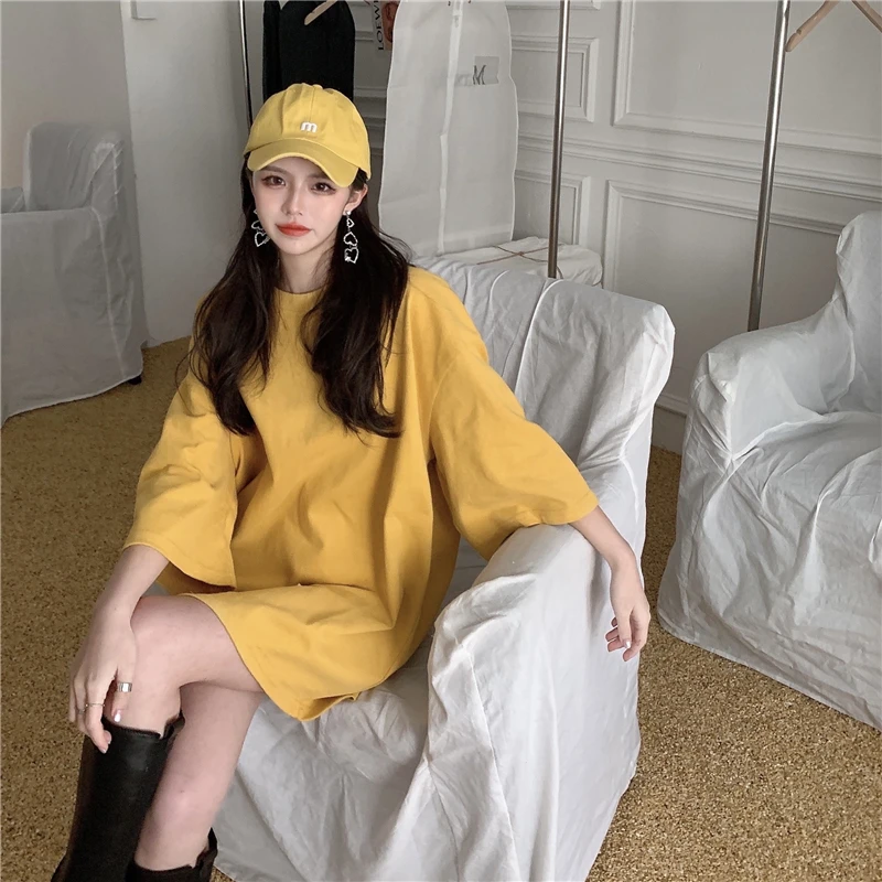 

Top Summer Course 2022 new loose verstile solid color mid -length short -sleeved T -shirt women
