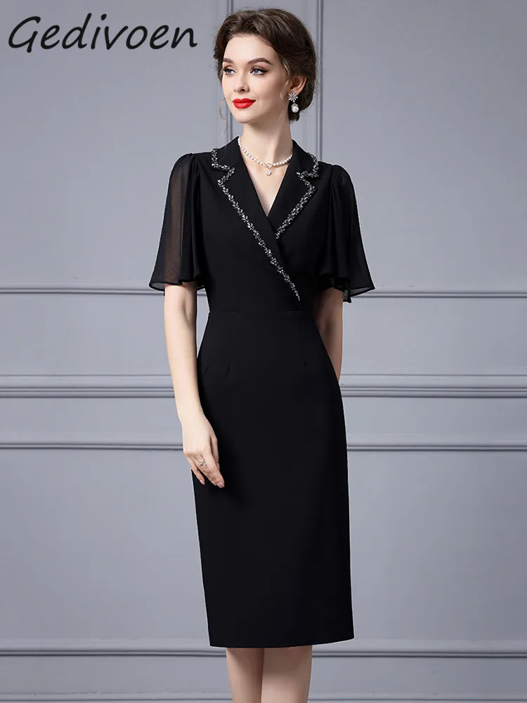 Gedivoen Summer Fashion Designer Vintage Package Buttock Dress Women's Turn-Down Collar Diamond High Waist Slit Black Midi Dress