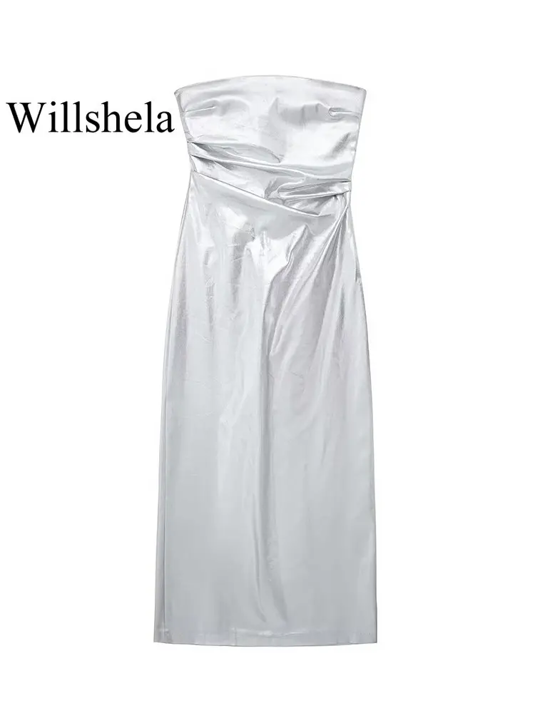 

Willshela женское модное серебряное плиссированное платье миди с боковой молнией и разрезом сзади, винтажное платье без бретелек с вырезом лодочкой, женские шикарные платья для девушек