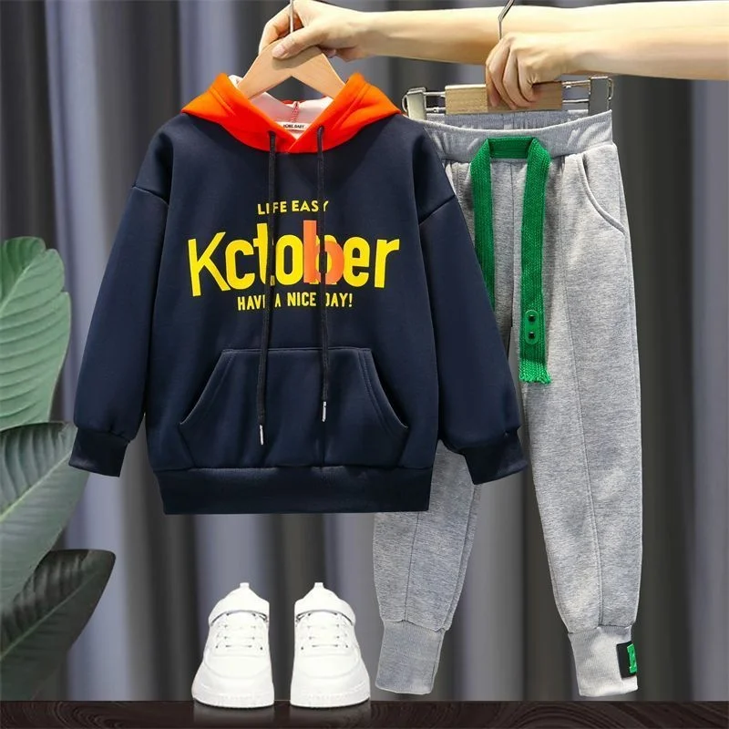 

2023 New Spring Autumn boys student Sports Sweater Set Middle and Big children Leisure Fashion Trend Letter Printing Set Hooded