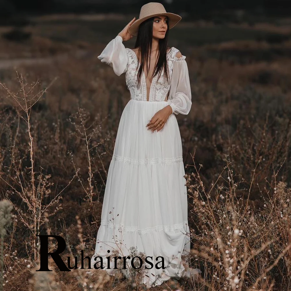 

Ruhair Elegant Chiffon Wedding Dresses 2024 Bride Appliques Lace Puff Sleeves A-Line Zipper Made To Order Vestido De Casamento
