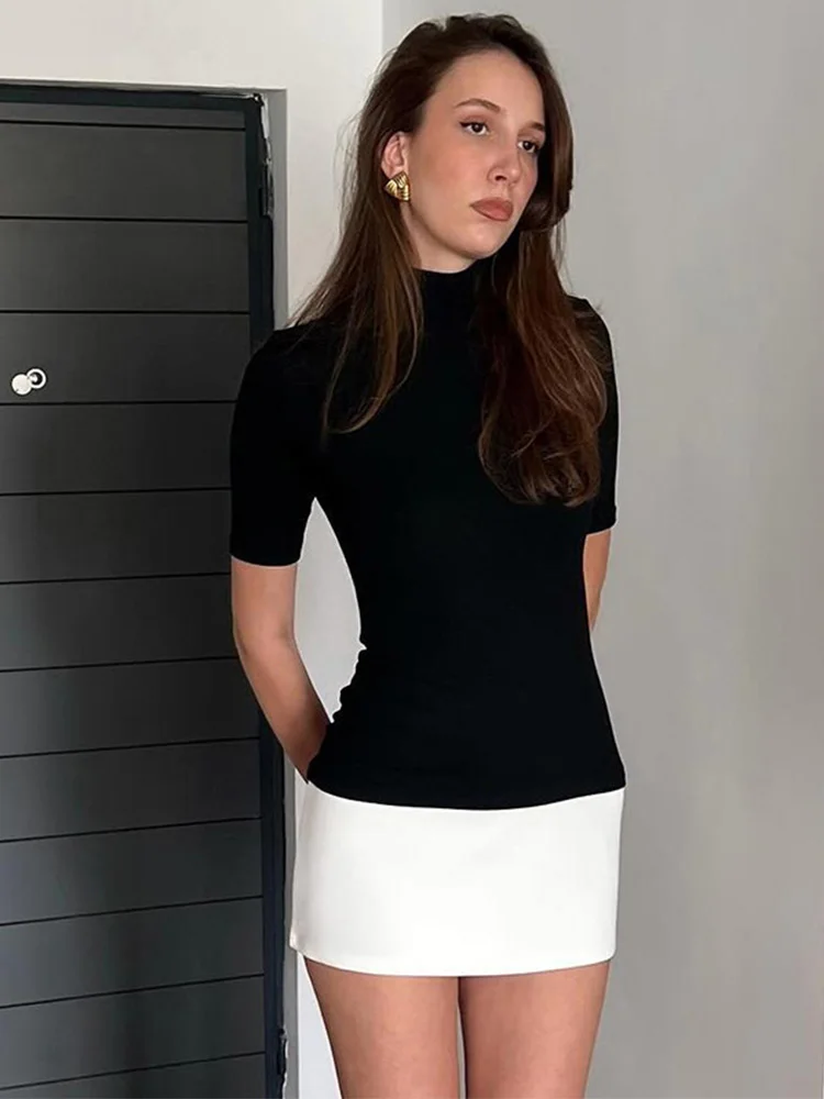 Летние Платья-мини с высоким воротником и коротким рукавом Модное Элегантное