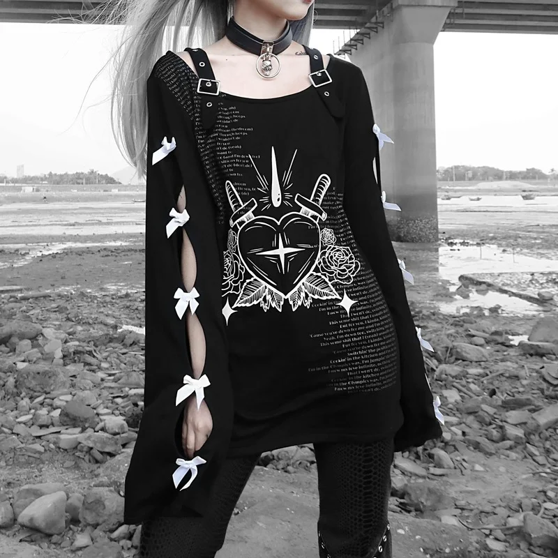 

HOUZHOU Gothic Punk Print Long Sleeve Tops Women Mall Goth Hollow Bow Strap Oversized T Shirt Grunge Dark Academia Streetwear
