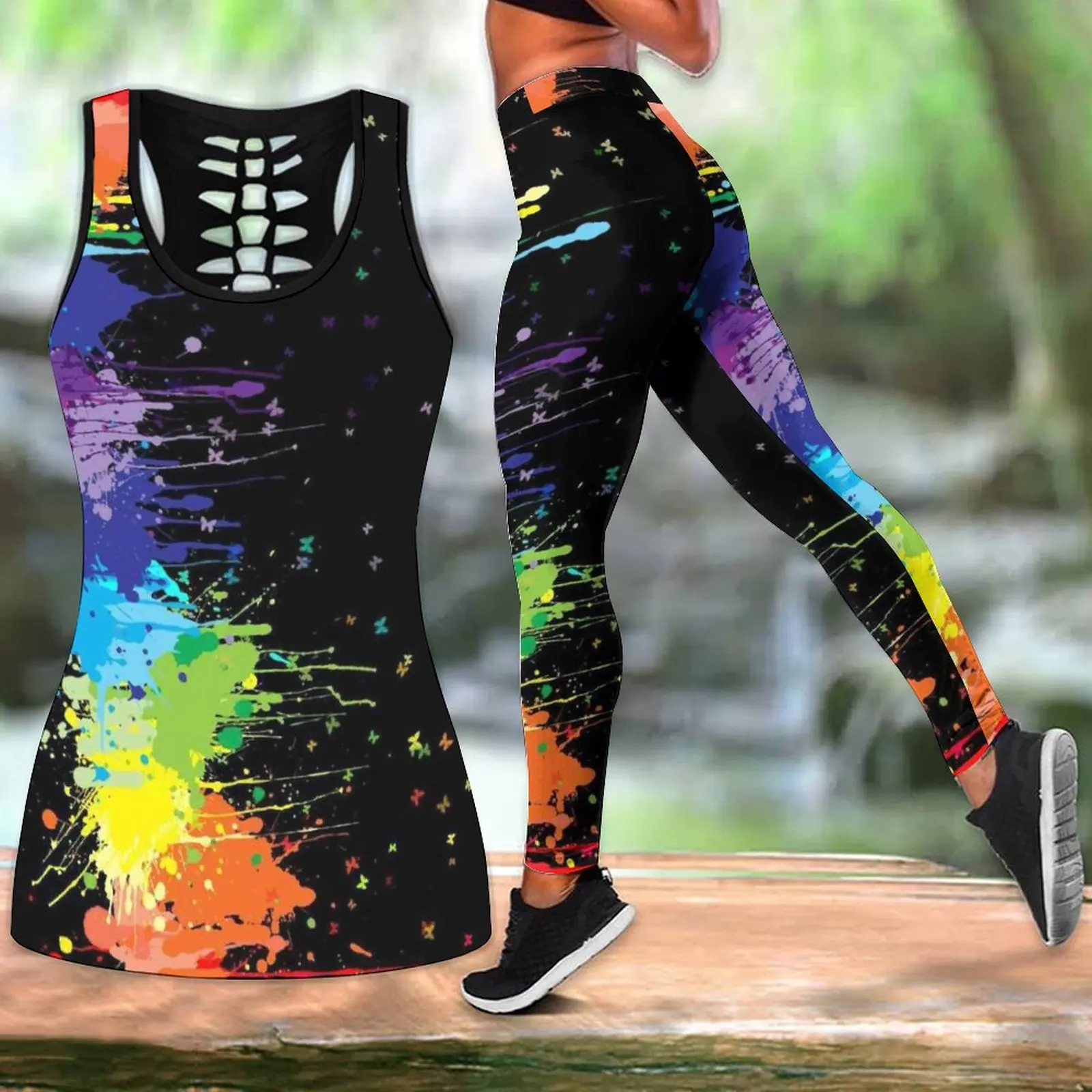 Summer Women's Sport Vest Suits Splash Ink Tie-Dye Graffiti Print Sleeveless Vest Tank Top Leggings Yoga Pants Set XS-8XL