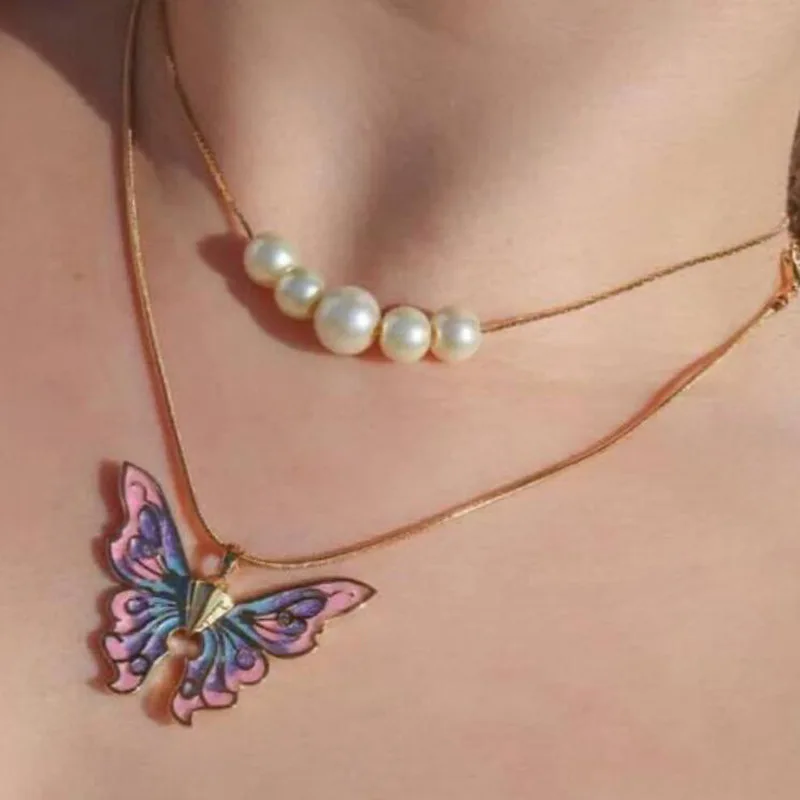 

Fashin Women Butterfly Necklace Pop Butterfly Pearl Princess Necklaces Double Choker Chain Jewelry For Girl Birthday Gift