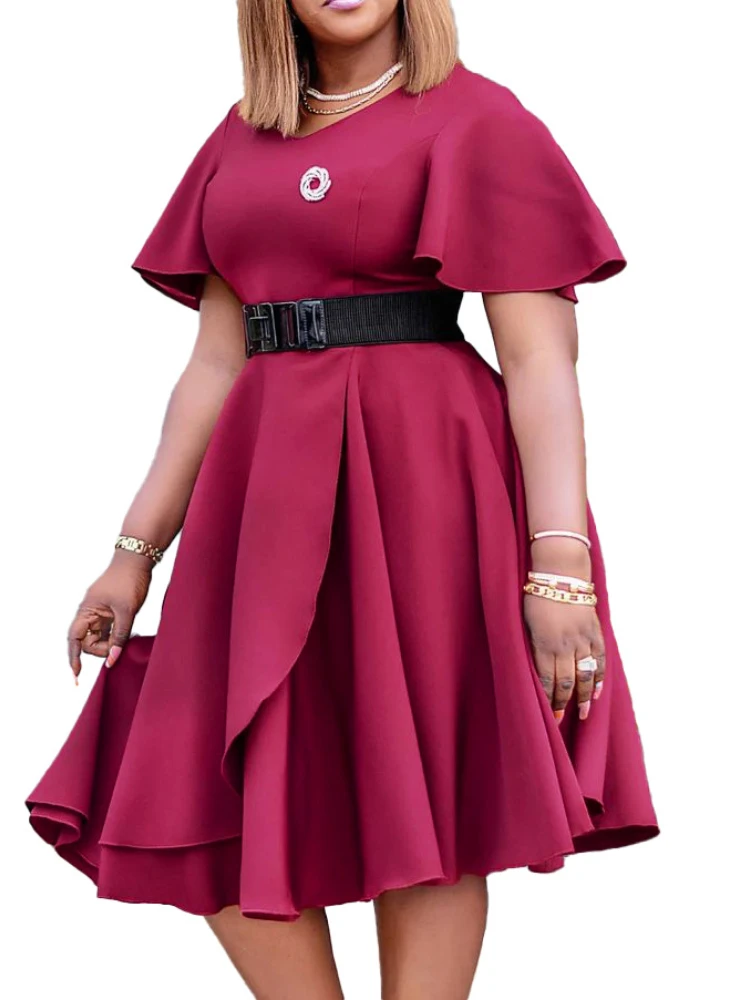 Summer new women's horn sleeve solid color large  plus size dresses plus size women clothing