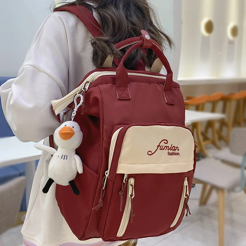 Fashion Lady Red Laptop Waterproof Female College Backpack Nylon Women Kawaii School Bags Girl Cute Trendy Mummy Backpack Travel