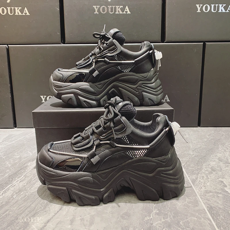 

Женские массивные кроссовки, однотонная обувь на платформе, на шнуровке, дышащая сетчатая Вулканизированная подошва, повседневная обувь дл...