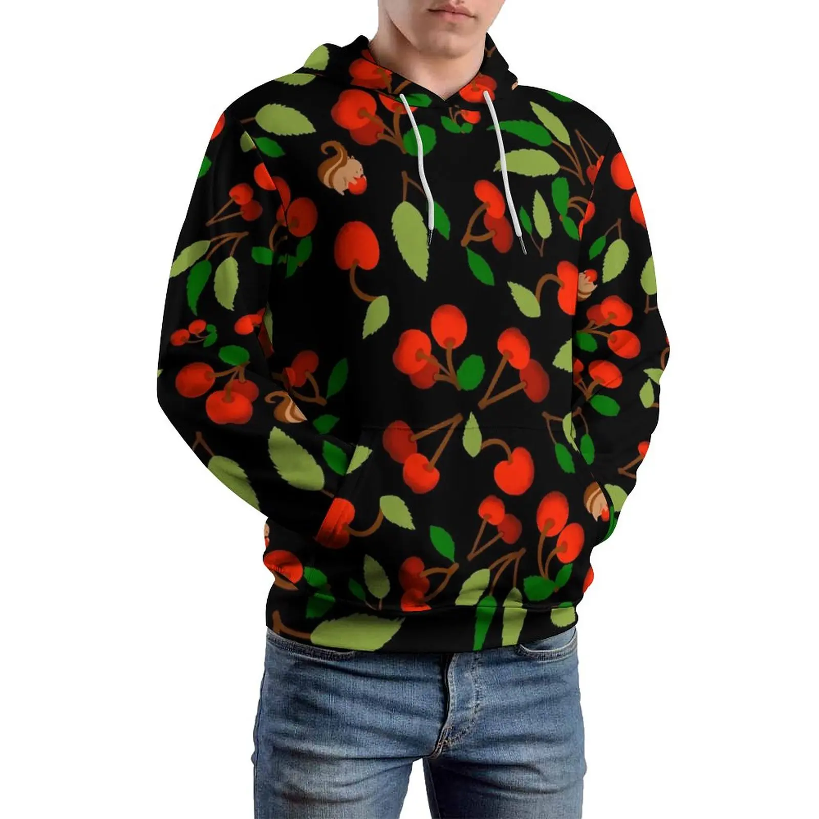 

Cherries Field Loose Hoodies Green Leaf Print Classic Hoodie Men Long Sleeve Modern Custom Sweatshirts Plus Size