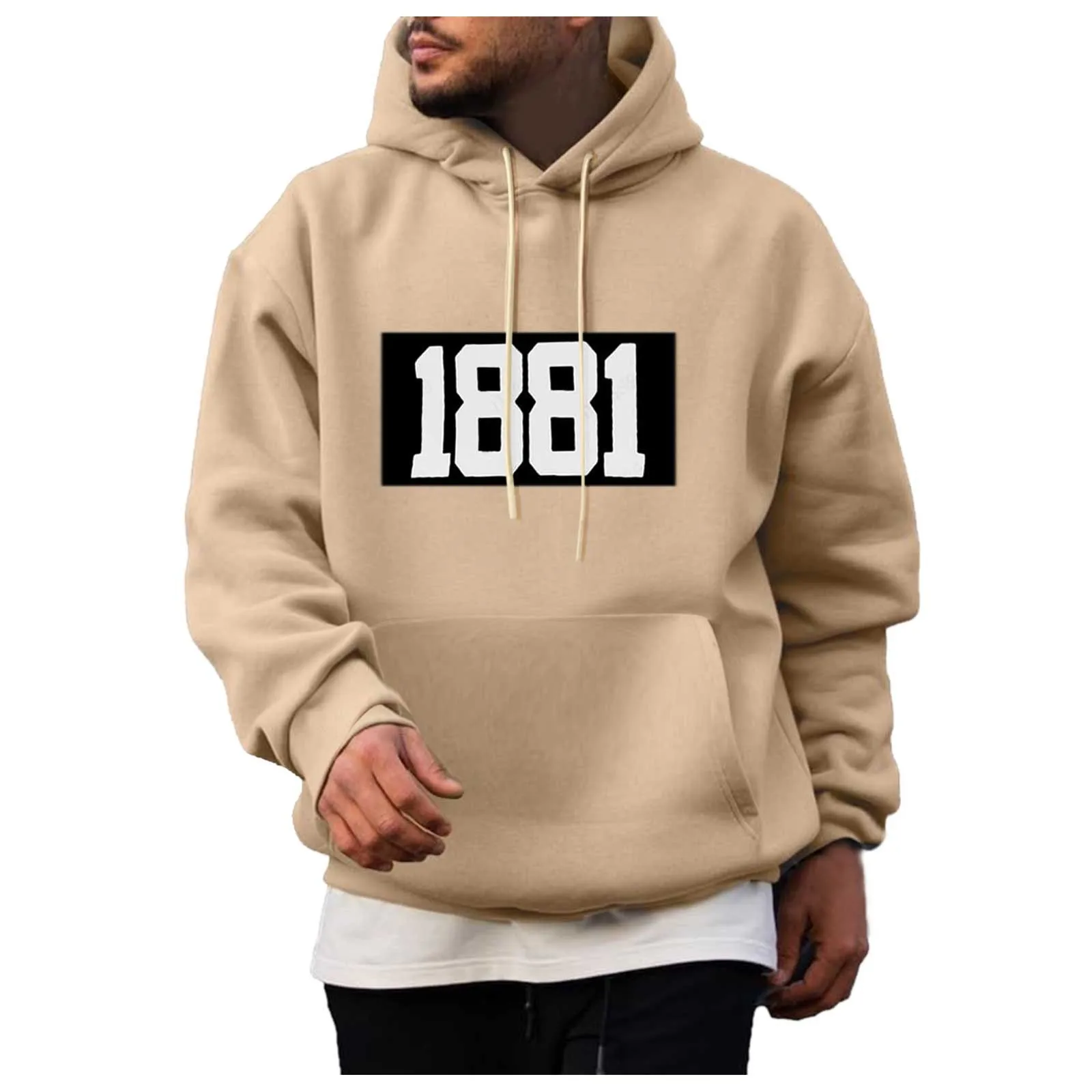 

Male Autumn And Winter Simple Printed Sweatshirt Solid Color Printed Drawstring Long Sleeve Pocket Drop Shoulder Sleeve Hooded