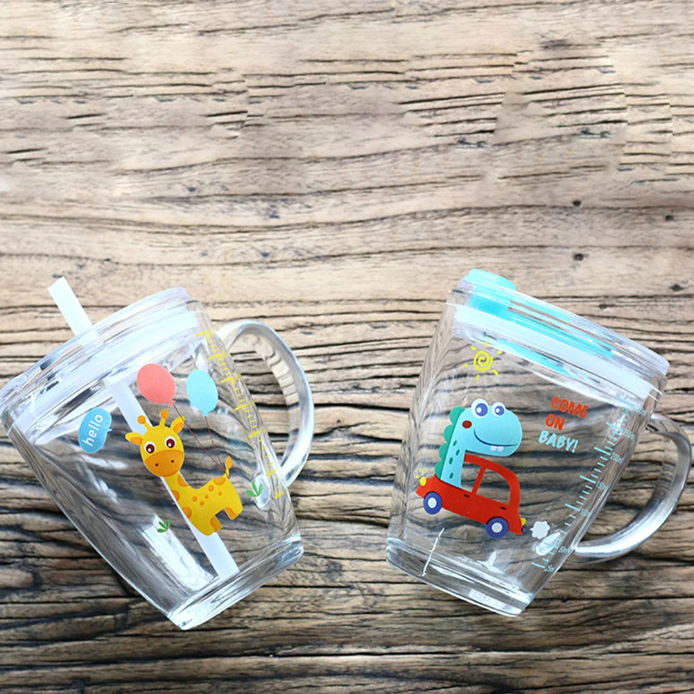 

Straw Cup Cartoon Animal Glass With Scale Children's Breakfast Milk Cup Waterbottle with Straw And Lid Water Bottles 400ml