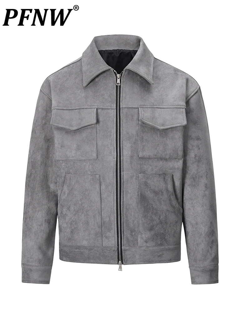 

PFNW American Retro High Street Velvet Multi Pocket Zipper Coat Fashion Brand Men's Popular Slim Solid Color Tops 12A6242