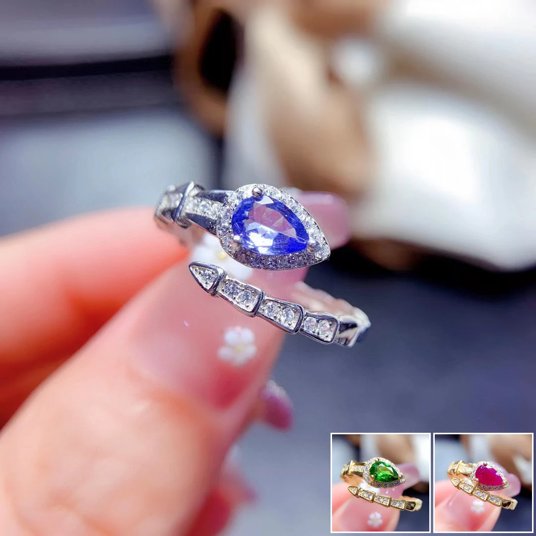 

MeiBaPJ натуральный Танзанит/рубин/диопсид драгоценный камень змея кольцо для женщин серебро 925 пробы тонкие свадебные ювелирные изделия