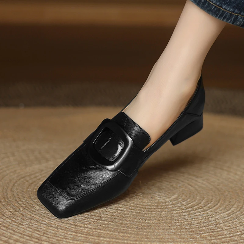 Женские кожаные туфли на массивном каблуке классические офисные лоферы с