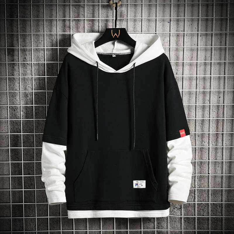 

2022 Spring Autumn New Splicing Pullover Hooded Sweatshirt Men's Fashion Casual Loose Long-sleeved Top Men's Trend
