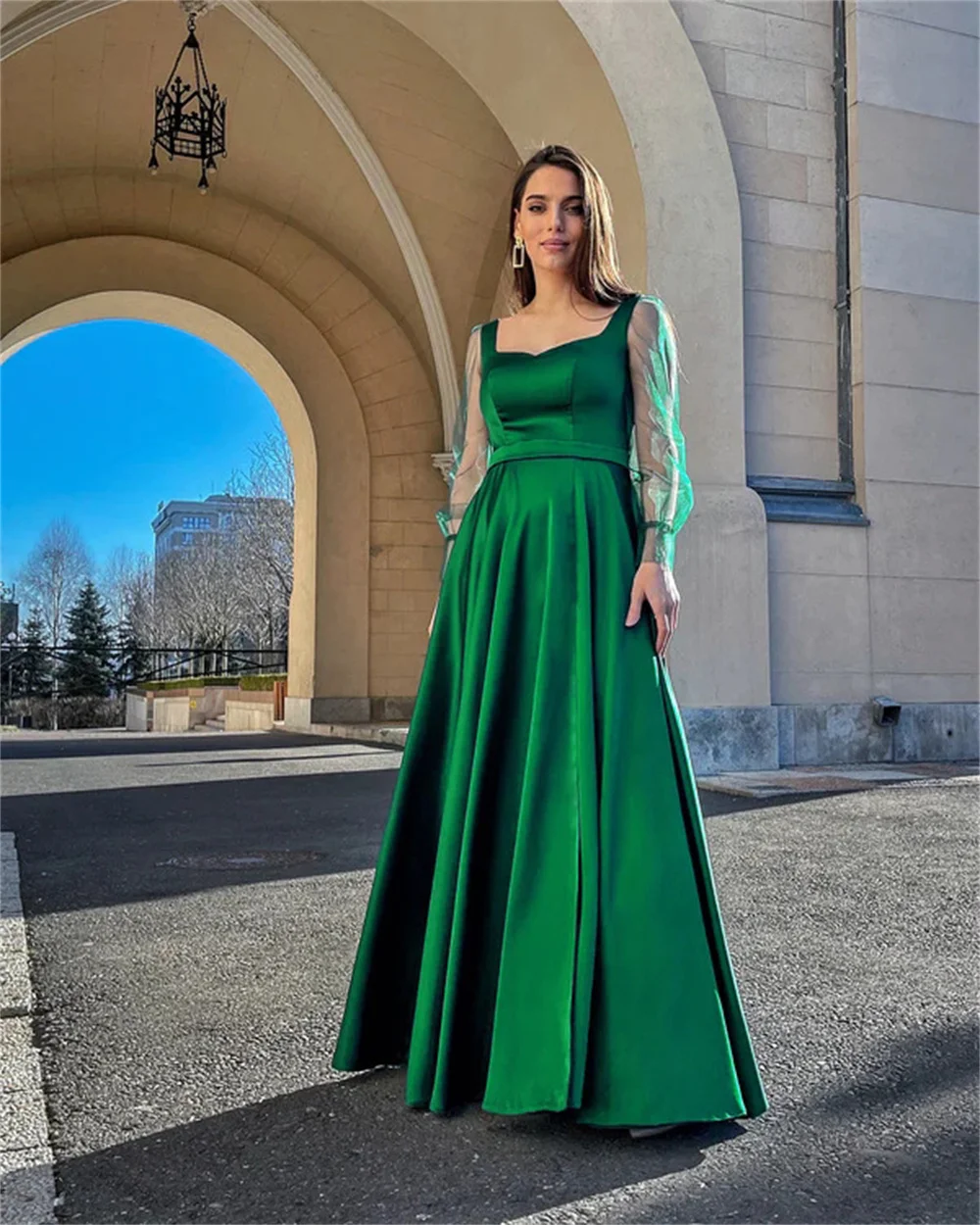 Women Satin Prom Evening Dress Sexy Square Collar Hollow Long Sleeve Party Dress Elegant High Split  A-Line Bridesmaid Dresses