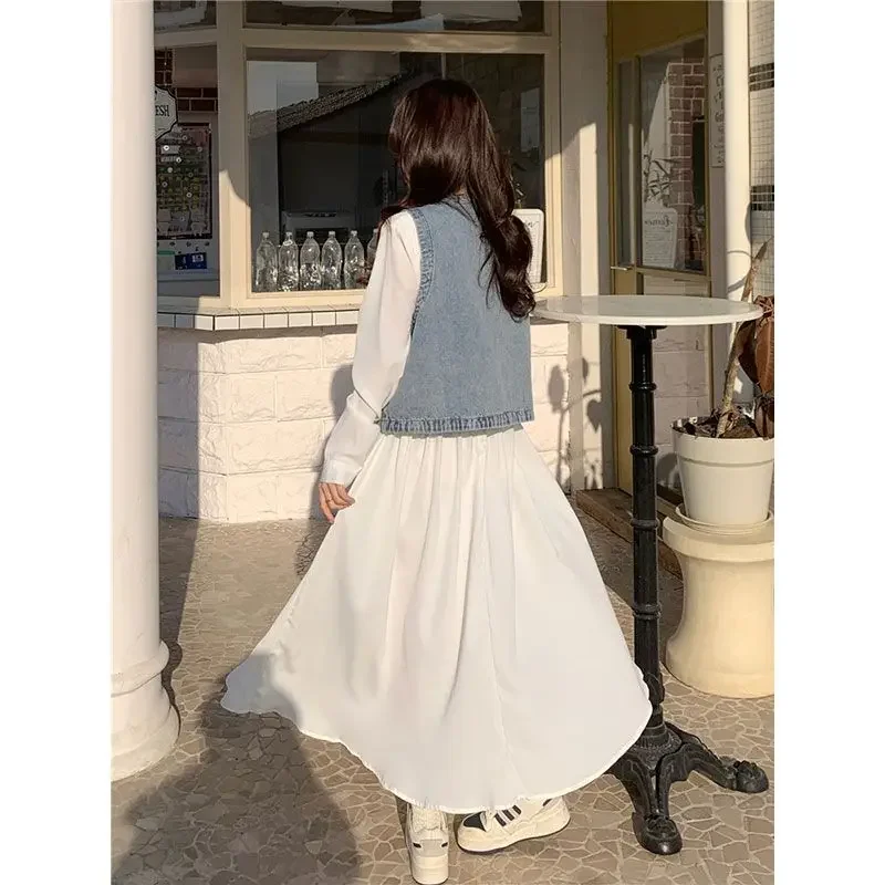 Весенне-осенний джинсовый жилет белое платье модный костюм-двойка женская