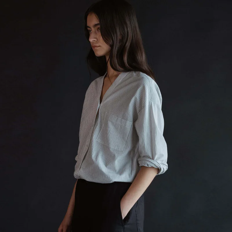 

2023 Summer New Loose V-neck Striped Long-sleeved Women Shirt