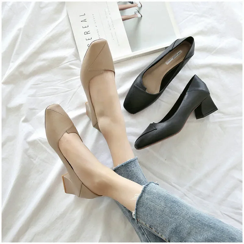 

PU Leather Women Work Shoes Sole Thick Heel Square Toe Shoes Soft Sole Professional Hotel Work Shoes