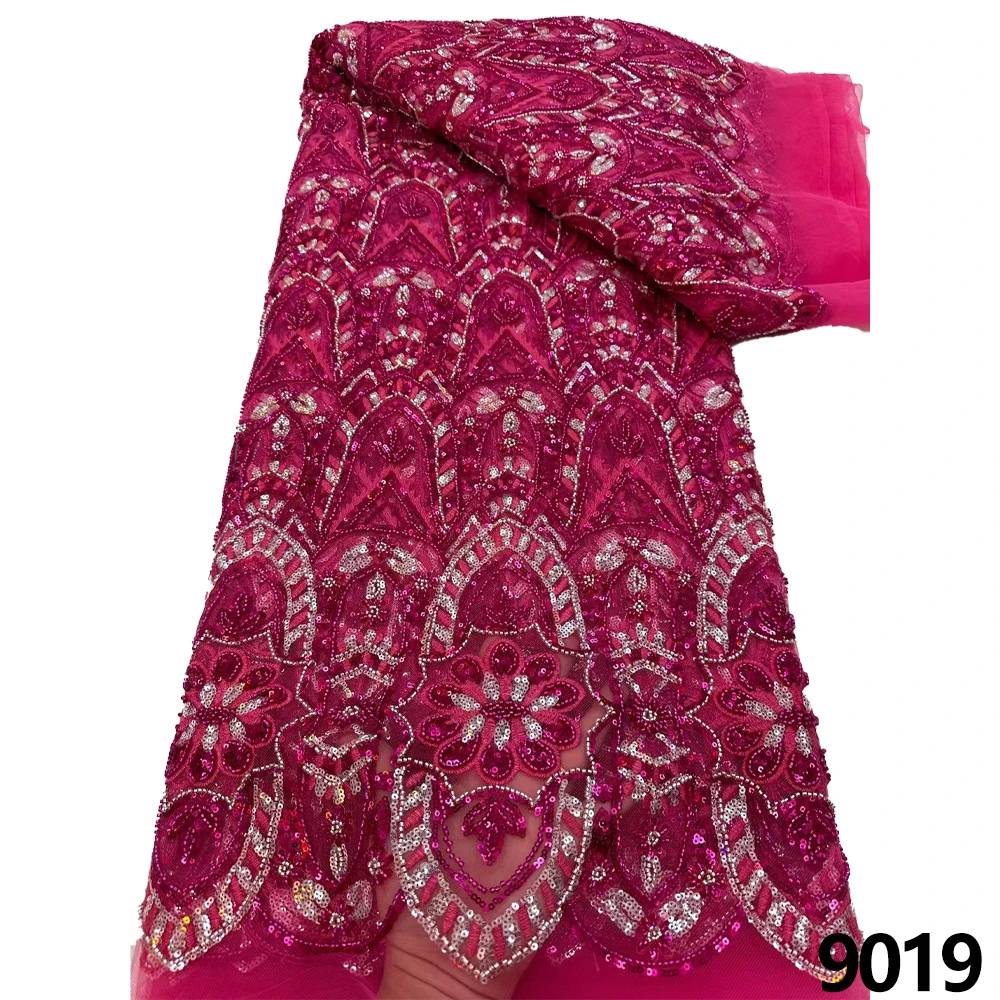 

African Lace Fabric 2023 High quality Nigerian heavily beaded tulle lace fabric sequin beaded dress 5 yards