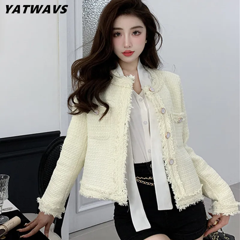 

Женская твидовая куртка на пуговицах, маленькая шерстяная однобортная куртка с металлическими пуговицами, верхняя одежда в винтажном стил...