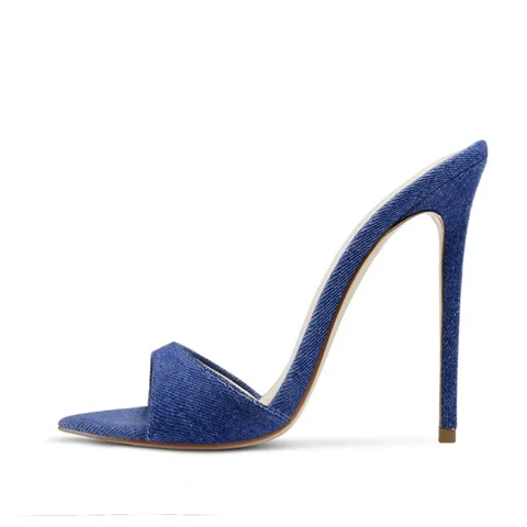 Женские туфли-мюли из денима, заостренный носок, без застежки, на высоком каблуке-шпильке, летние босоножки, цвет голубой