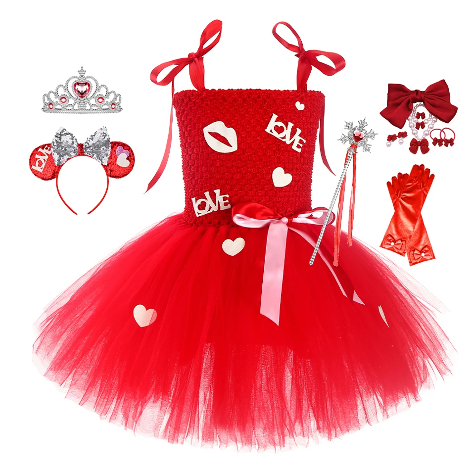 

2022 Red Summer Mesh Tutu Dress Princess Love Letter Gown Dresses for Girls Clothing Kids Birthday Party Tutu Costumes Vestidos