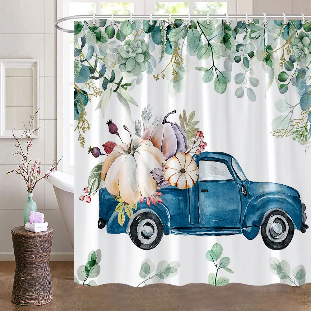 

Autumn Pumpkin Truck Shower Curtain Thanksgiving Harvest Fall Watercolor Leaves Farmhouse Home Bathtubs Bathroom Curtain Decor