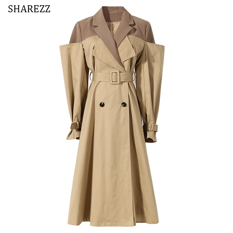 

Women's Trench Coat Patchwork Double Breasted Lapel Khaki Windbreaker Female Outwear Belt Cloak Over Knee Raincoat Spring 2022