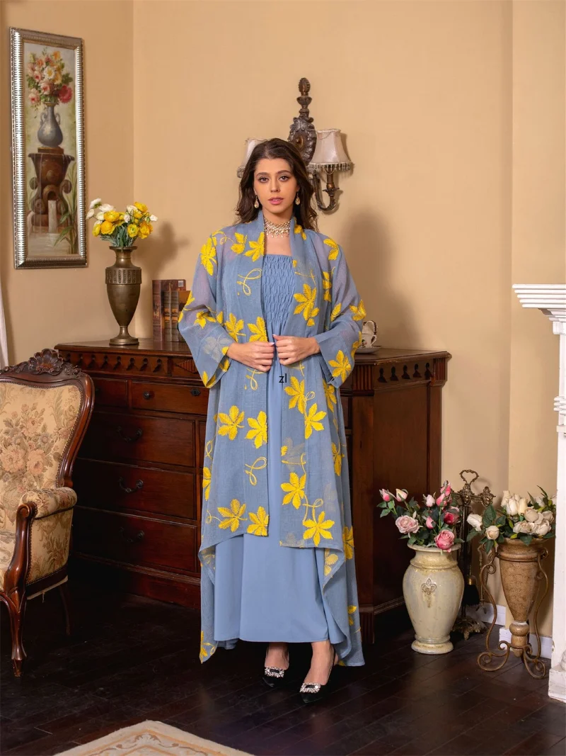 Ramadan Abaya 2 Pieces Mesh Floral Embroidery Lace Belted Kaftan Islamic Dresses Muslim Sets Turkish Evening Gown Prom Dress