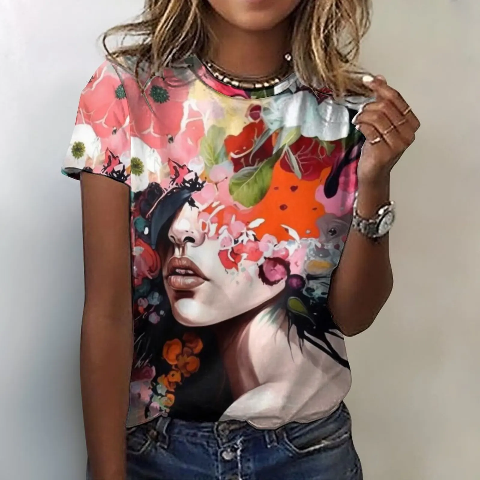 

Women's Fashion Short Sleeve Tee Flowers Girl Print Oversized T-shirt Daily T-shirt Harajuku Streetwear Oversized Blouse