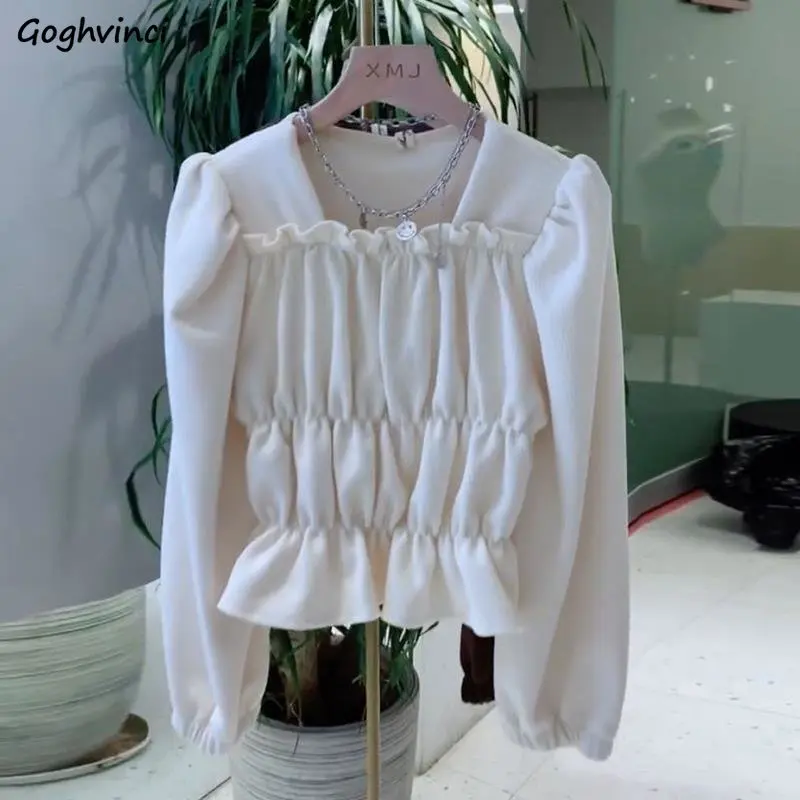 

Folds Blouses for Women Crop Tops Autumn Long Sleeve Solid Temperament Blusas Ropa Mujer Females Vintage Stylish Casual Harajuku