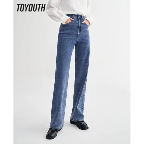 Toyouth Women Jeans 2023 Spring  Straight Long Fit Denim Pants with Pocket Embroidery Classic Casual Streetwear Trousers