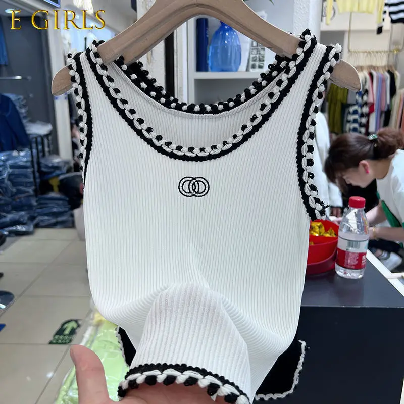 

E GIRLS White Knit Crew Neck Ladies T-Shirt Sexy Sleeveless Crop Top Ladies Skinny Stretch Tank Top Ladies T-Shirt Streetwear