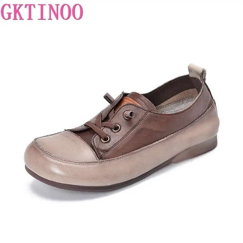 

GKTINOO Genuine Leather Flats Women Shoes Mixed Colors Lace-Up 2023 New Autumn Round Toe Concise Shallow Handmade Ladies Shoes