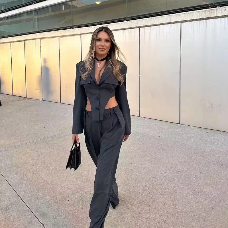 

Темно-серые широкие брюки, женские модные повседневные брюки в стиле High Street с присборенной талией, женская одежда, шикарная Женская одежда, новинка 2023