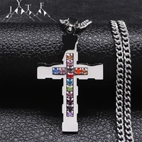 2022 stainless steel colorful crystal cross necklaces women silver color long faith necklace jewelry collier cha%c3%aene n4923s05