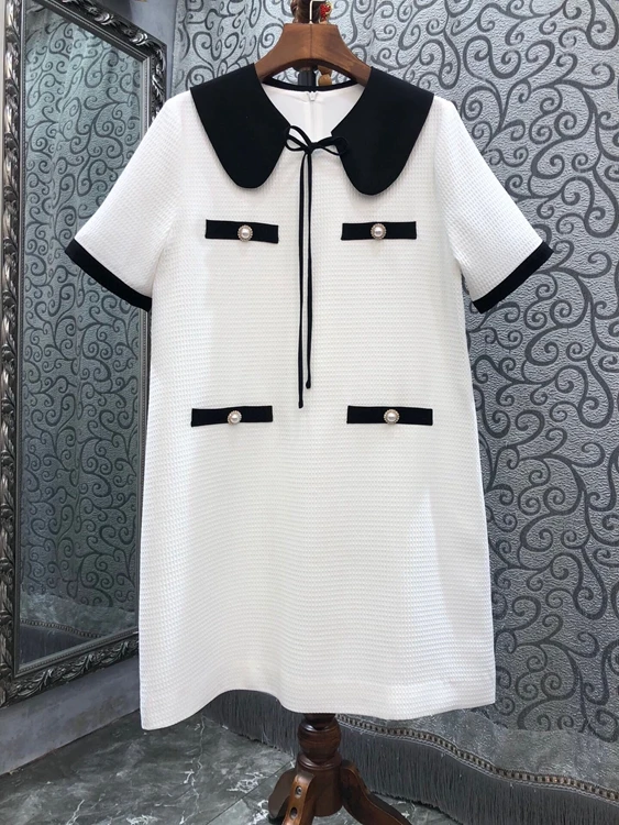

2022 new women fashion color block lapel tie detachable neckline decoration short sleeve skirt dress 608