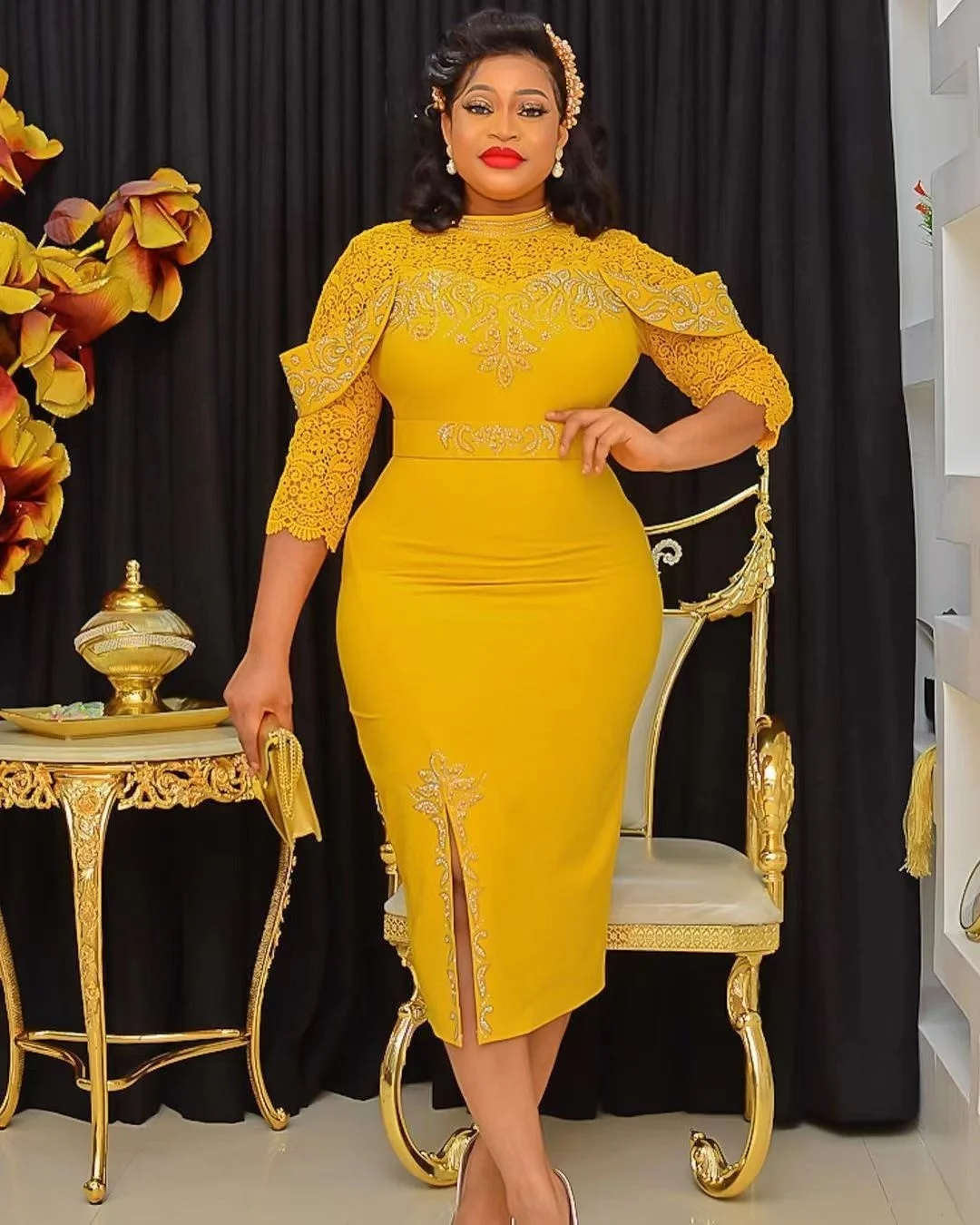 

Women's 2022 New African Style Luxury OL Temperament Midi Dress Fashion 3/4 Sleeve Beading Hollow Out Party Evening Dresses