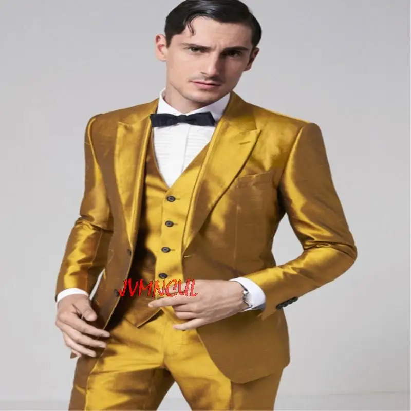 

Gold Slim Fit Groom Tuxedos Excellent Men 2022 Wedding Tuxedos Men Formal Business Prom Party Suit 3 Pieces (Jacket+Pants+Vest)