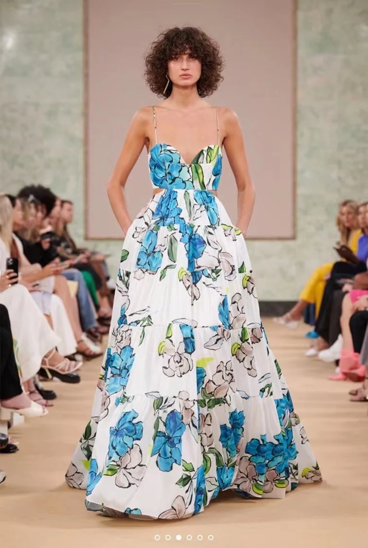 

High Quality Fashion Designer Women V Neck Strapless Retro Camellia Printing Backless Maxi Long Cotton Dress