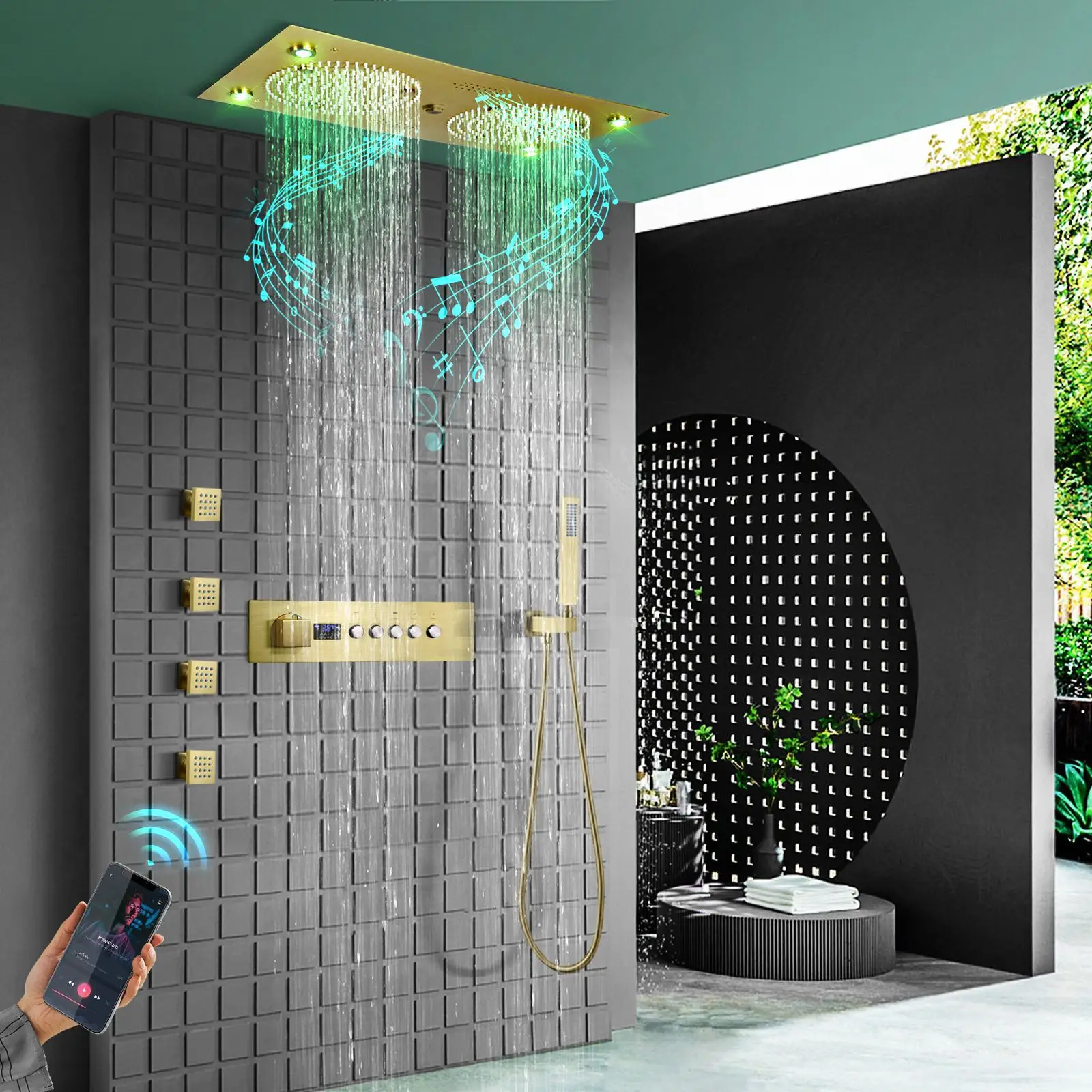 Фото Музыкальный душевой набор Laskin 620*320 мм со скрытым LED-освещением, постоянной температурой и цифровым LED-дисплеем для ванной комнаты №3
