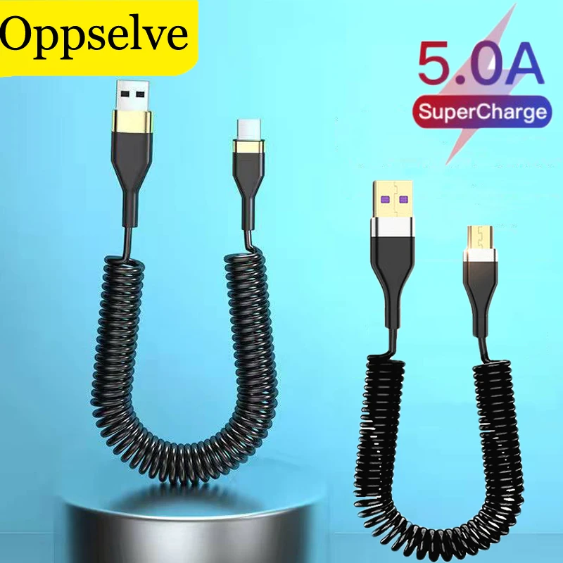 

USB 5A Fast Charging Line Type C Spring Data Cable Micro Telescopic Transmission Cord For HUAWEI Xiaomi Samsung Charging Wire