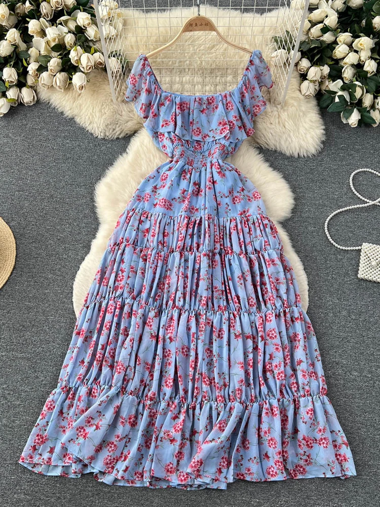 

Женское шифоновое платье-макси с оборками на Подоле и рукавами-фонариками