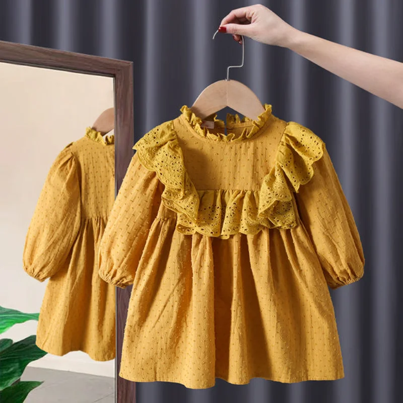 

New Girl's Dress White Lace Lapel Spring and Autumn Casual Girls Mid-length Long-sleeved Princess Dress Halloween CostumeZB
