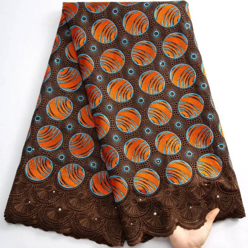 

Brown Nigerian Holes Cotton Fabric Dry LaceWith Stones 2023 High Quality African Swiss Voile Lace Fabric For Woman Dresses Y3493