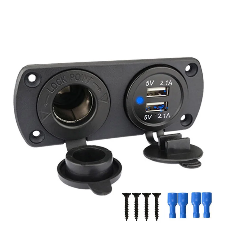 

2 in 1 Charger Socket Panel 12V Dual USB Car Charger Socket Power Outlet Cigarette Lighter Socket Splitter Adapter for Car Boat