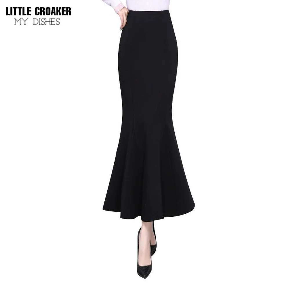 

Spring Autumn Women Fashion Office Lady Ruffles Maxi Skirt Black High Waist Fishtail Flouncing Ankle Length Long Clothes